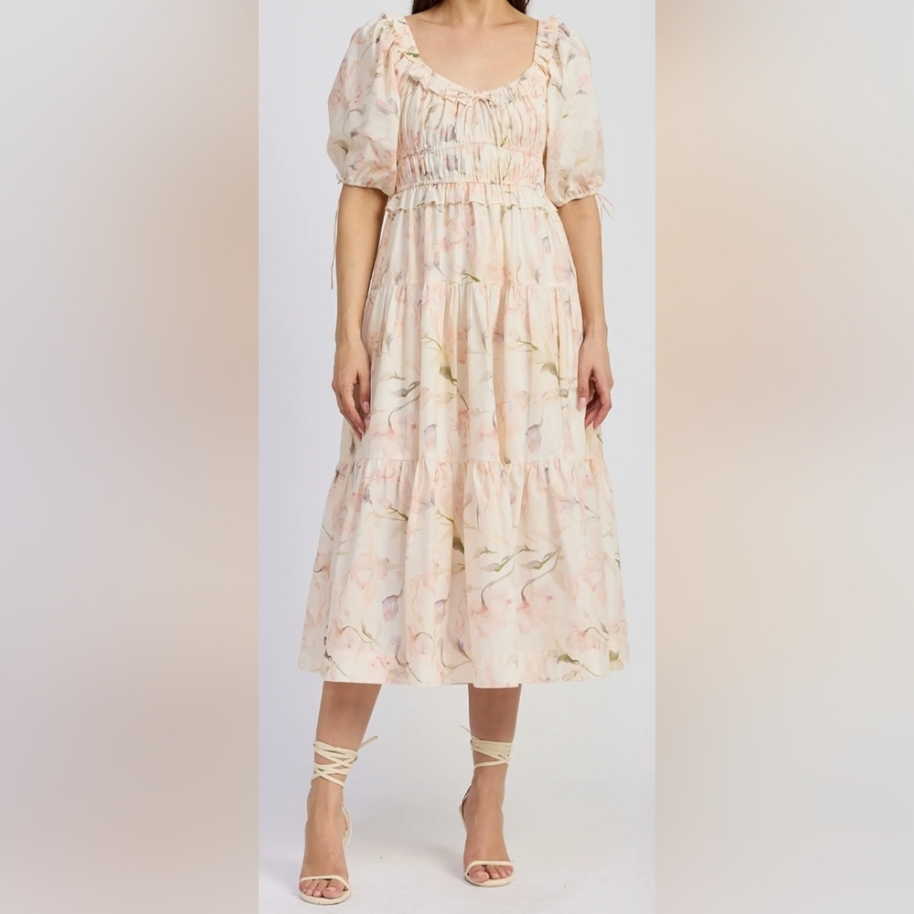 En Saison Ivory Floral Tiered Midi Dress L NWT